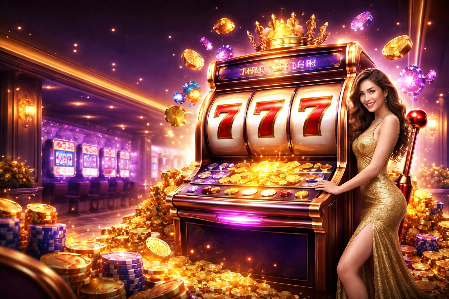 Hình ảnh chính của Slot Games 55vin login với hiệu ứng ánh sáng và tiền vàng